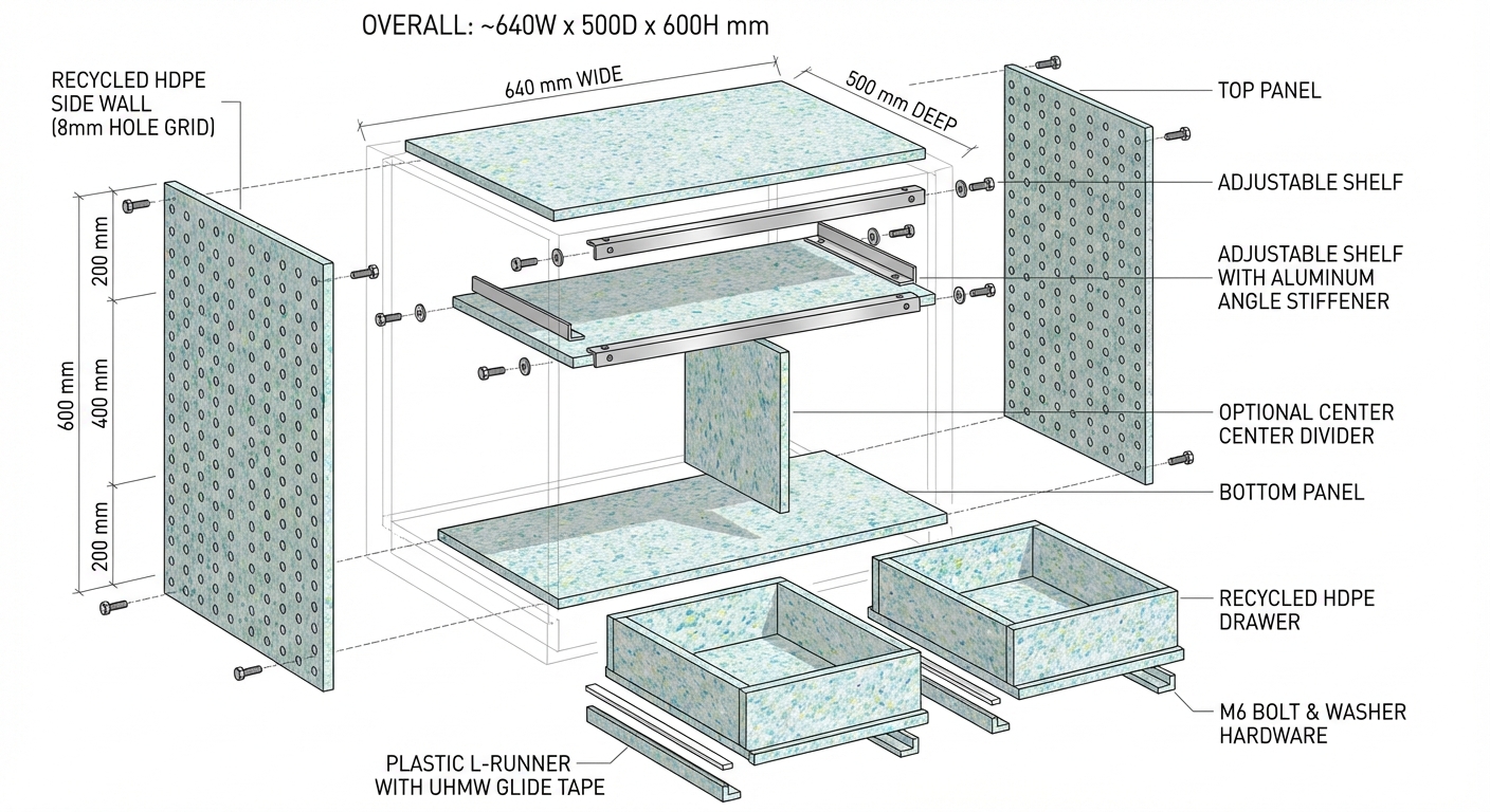 Exploded view of a 600 mm wide modular recycled plastic shelving module with drawers and shelves