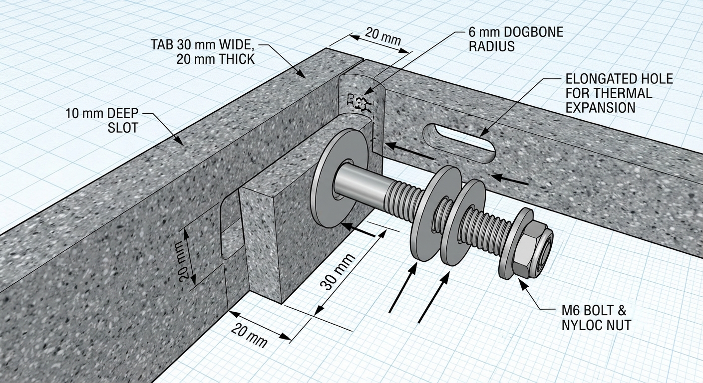 Tab-and-slot bolted joint detail in 20 mm plastic with expansion slot