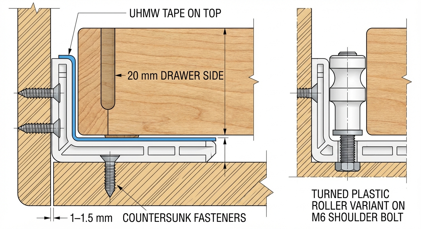 Drawer runner cross-sections in plastic with UHMW tape and roller option