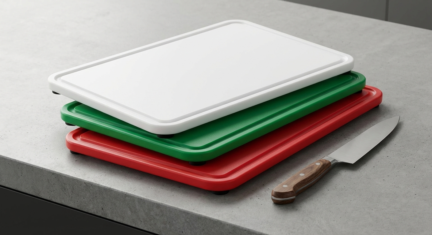 Set of color-coded HDPE cutting boards with juice groove and non-slip feet.