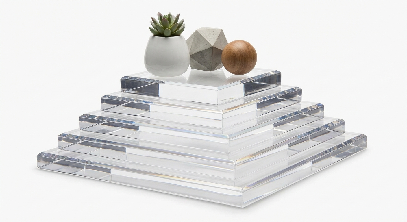 Nested clear acrylic display risers with polished edges.