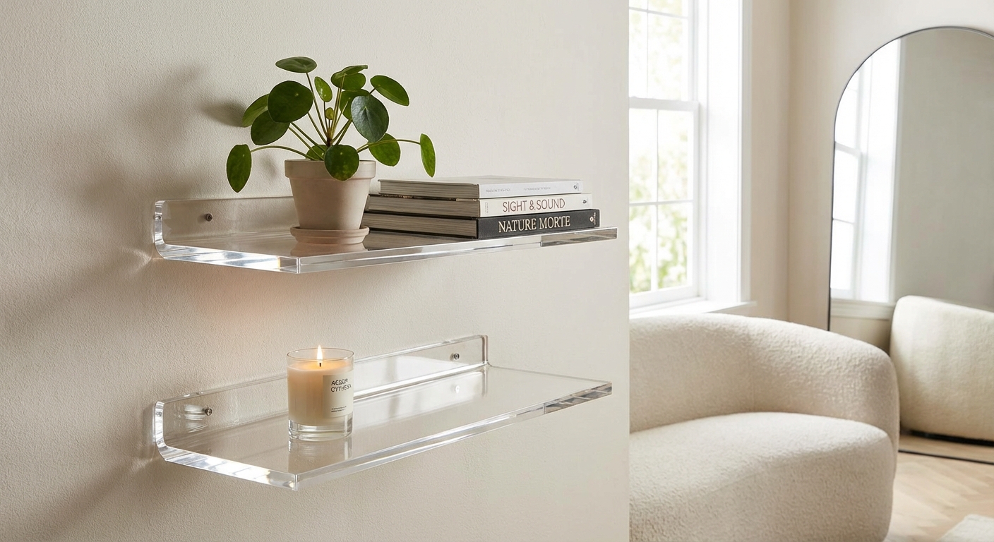 Floating clear acrylic wall shelves in a modern living room.