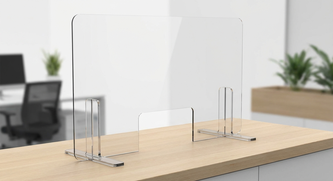 Freestanding polycarbonate counter shield with pass-through slot.