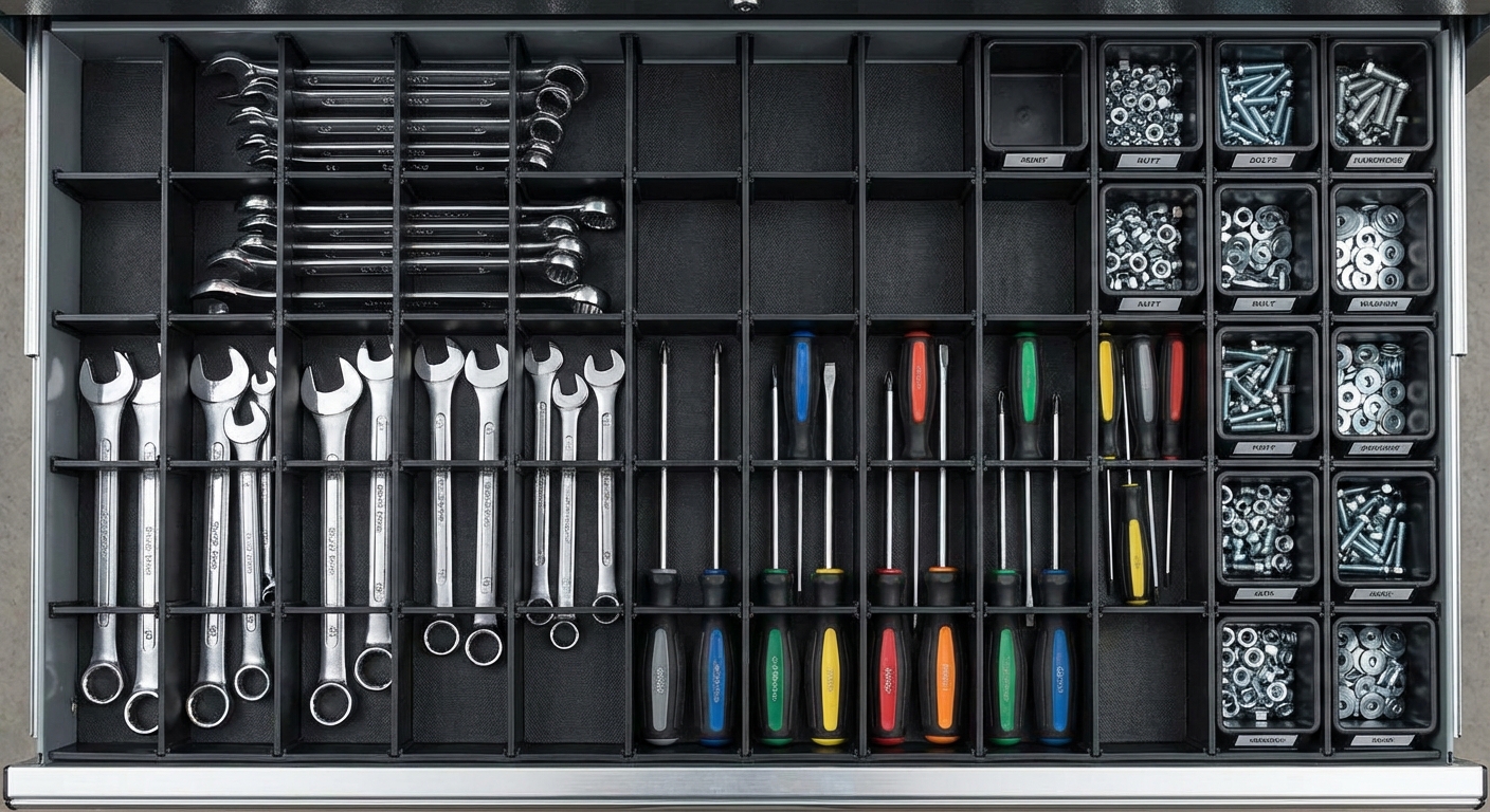 Tool drawer with modular HDPE dividers organizing tools.