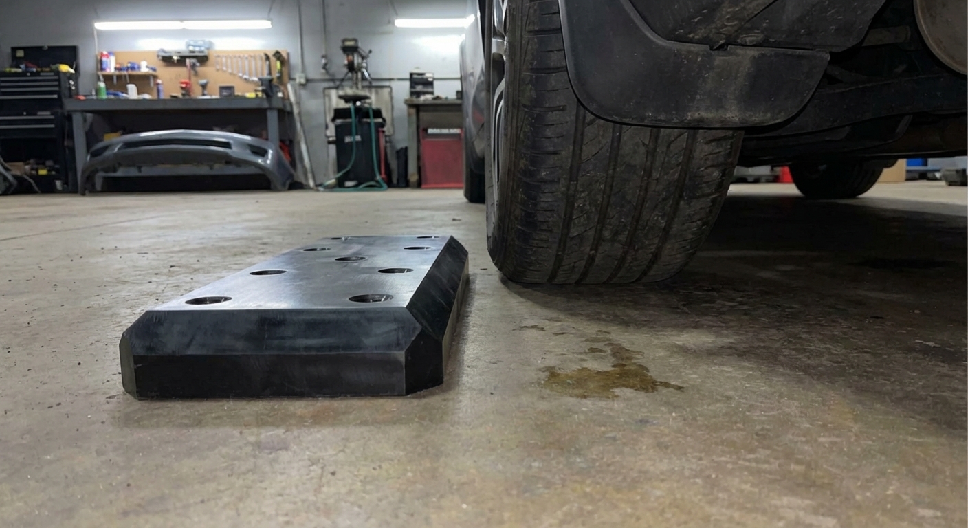UHMW garage wheel stop block on concrete floor.
