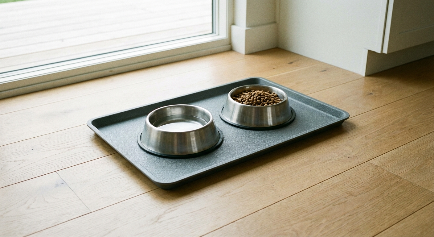 HDPE pet feeding mat with raised lip and two bowls.