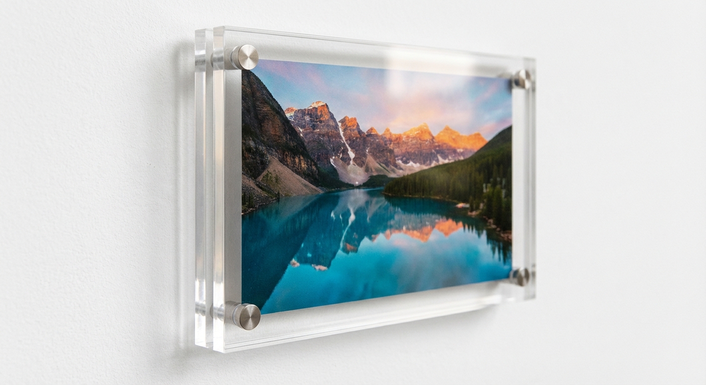 Frameless acrylic photo frame with metal standoffs.