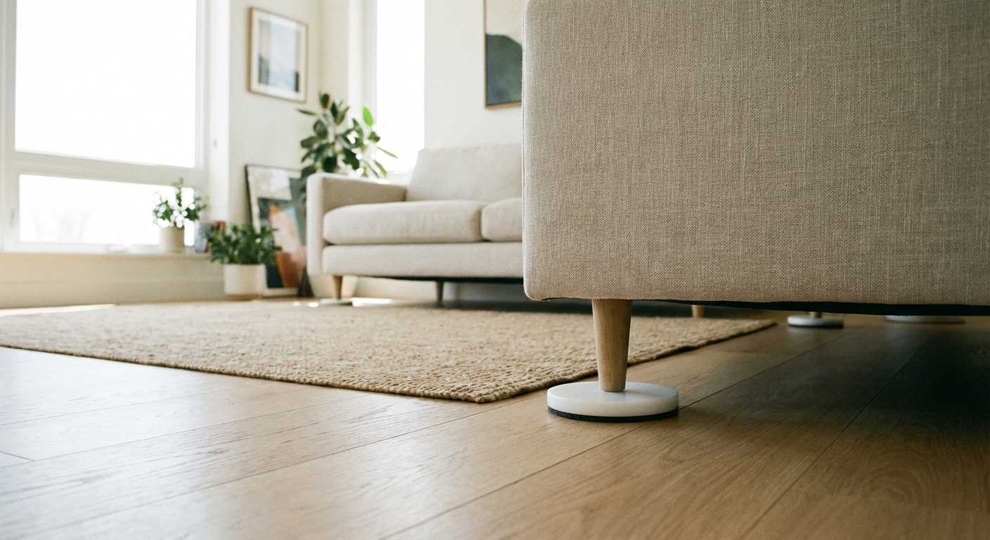 UHMW round furniture slider under a sofa leg.