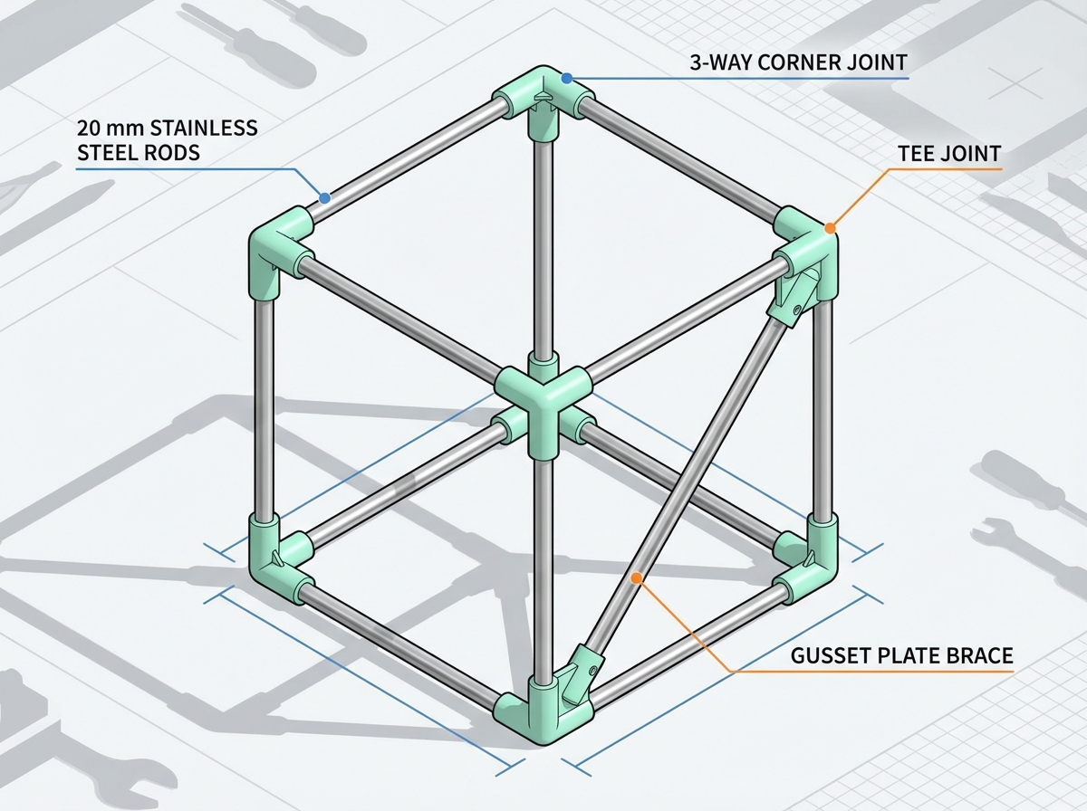 Exploded isometric of a modular cube with plastic joints and 20 mm stainless rods