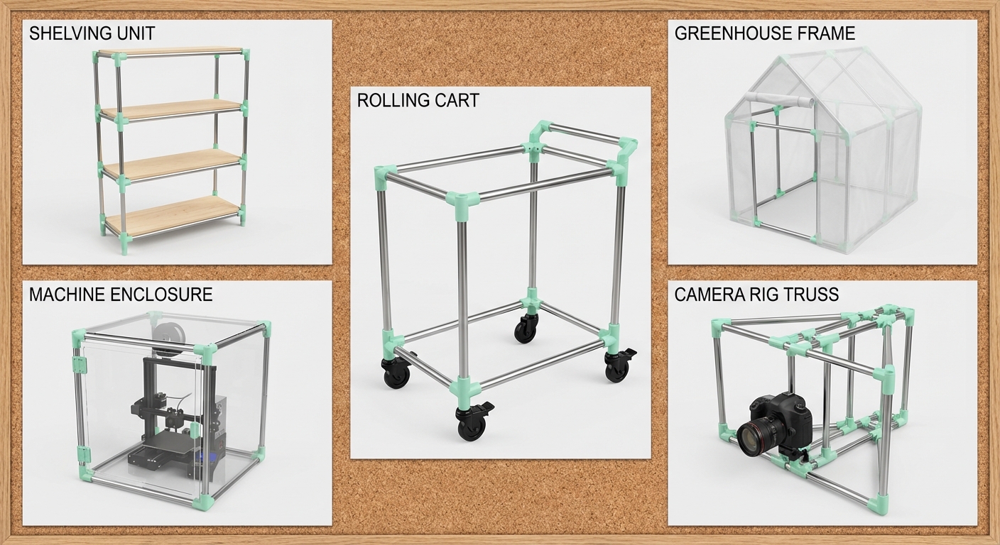 Collage of five applications using modular plastic joints and stainless rods