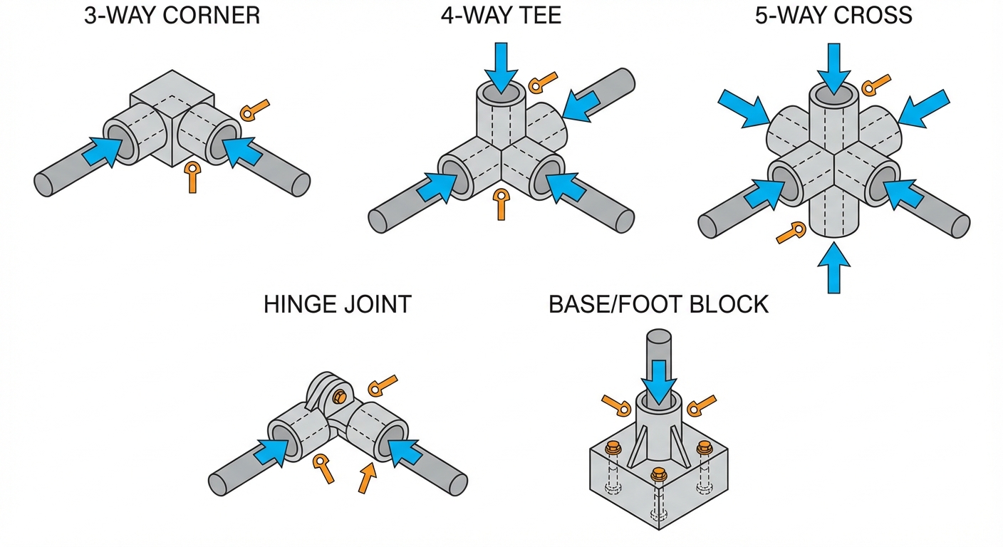 Pattern library of modular plastic joints for 20 mm rods