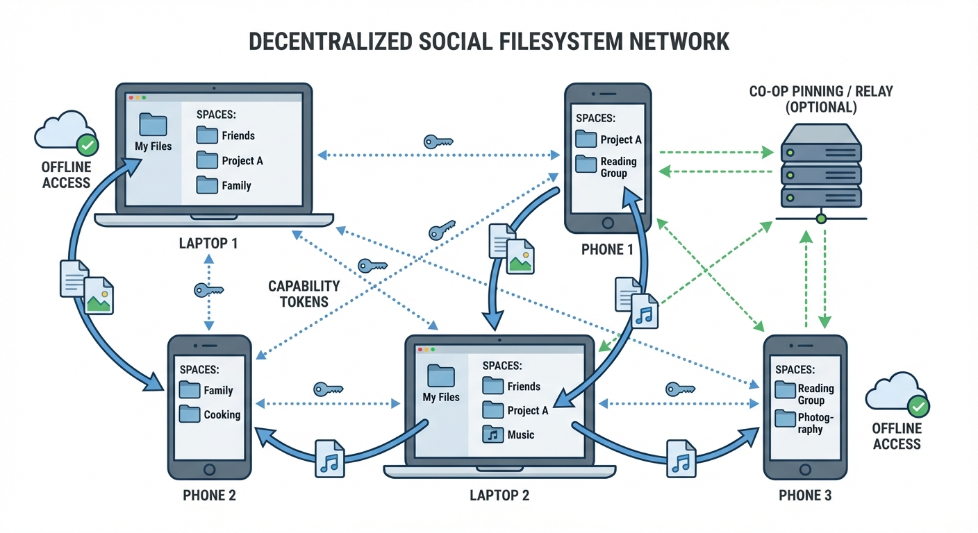 Concept diagram of a decentralized social filesystem with spaces, capability links, and optional community relay.