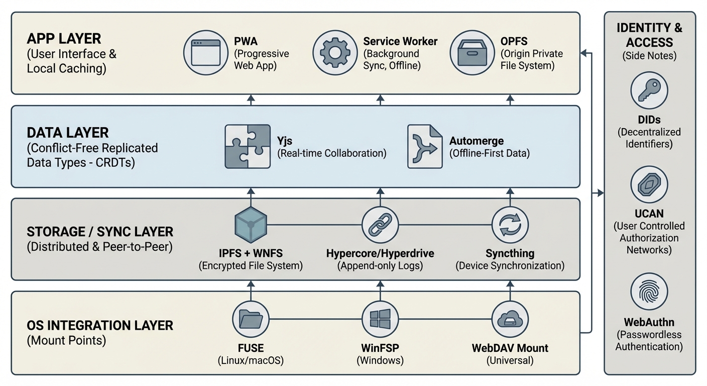 Layered stack diagram from OS mount to P2P storage to CRDTs to PWA app, with identity sidecar.