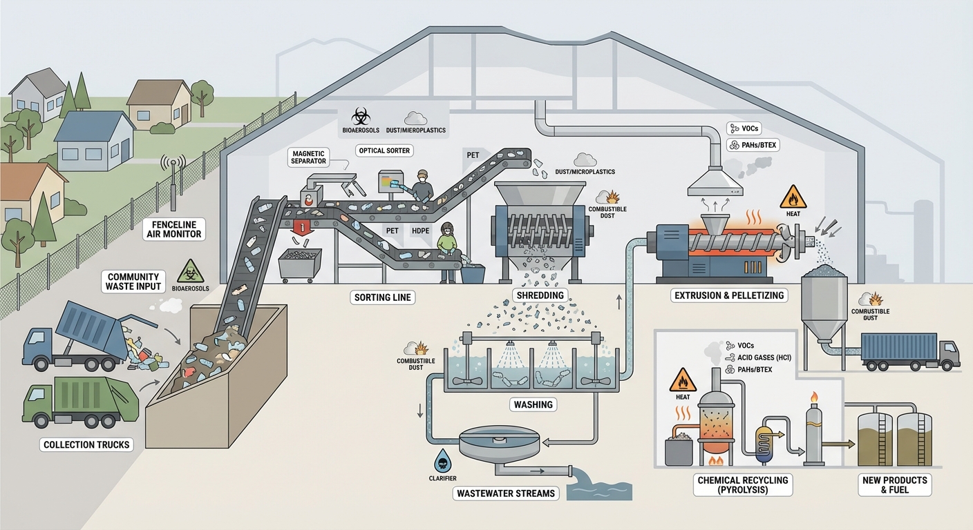 Overview of health hazards across plastic recycling stages for workers and nearby communities.