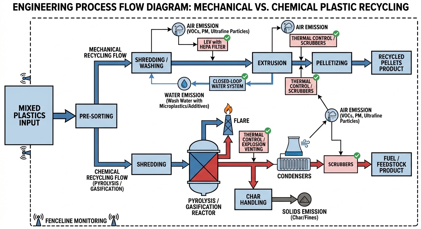 Mechanical vs chemical recycling: exposures and control points.